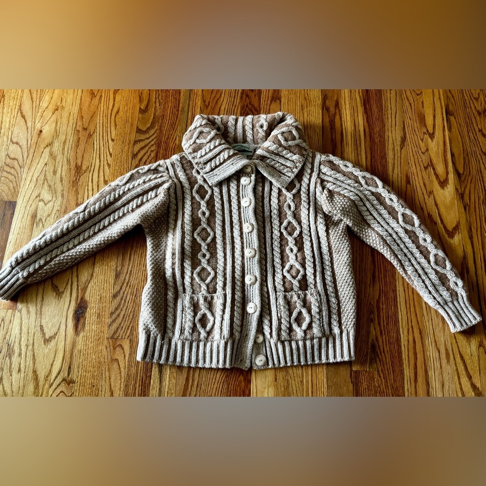 Aran Crafts Cable Knit Cardigan - Cream and Brown -  All Wool - Made in Ireland